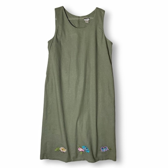 Linen Blend Embroidered Dress 2X Leslie Fay Floral Sleeveless Maxi Green - Picture 1 of 9